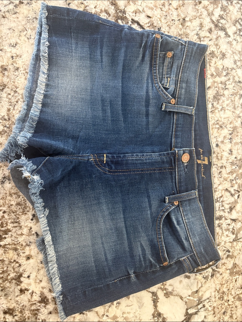 7 For All Mankind Blue Denim Frayed Hem Jean Shorts